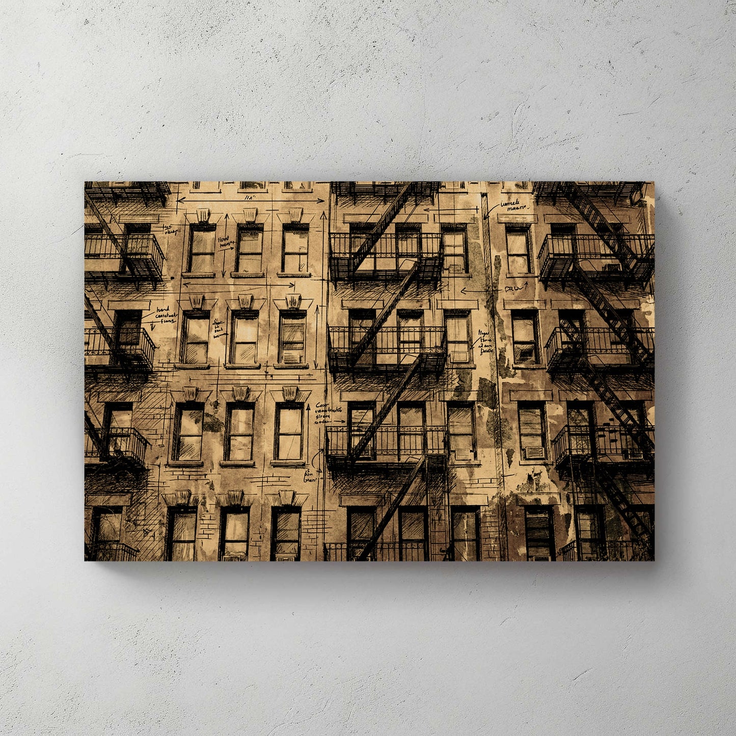 Vintage New York City tenement building illustration with fire escapes wall art.