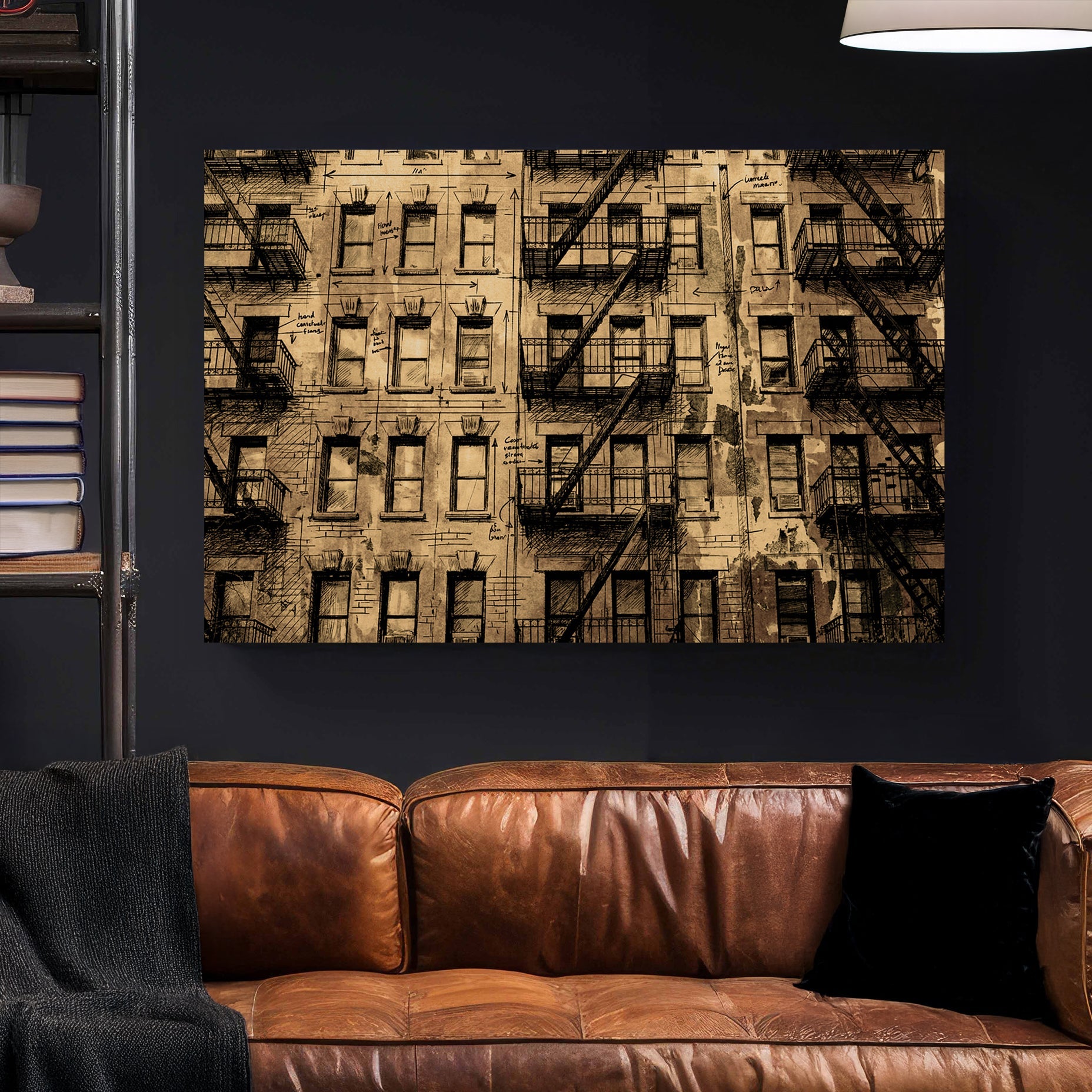 Vintage New York City tenement building illustration with fire escapes wall art.