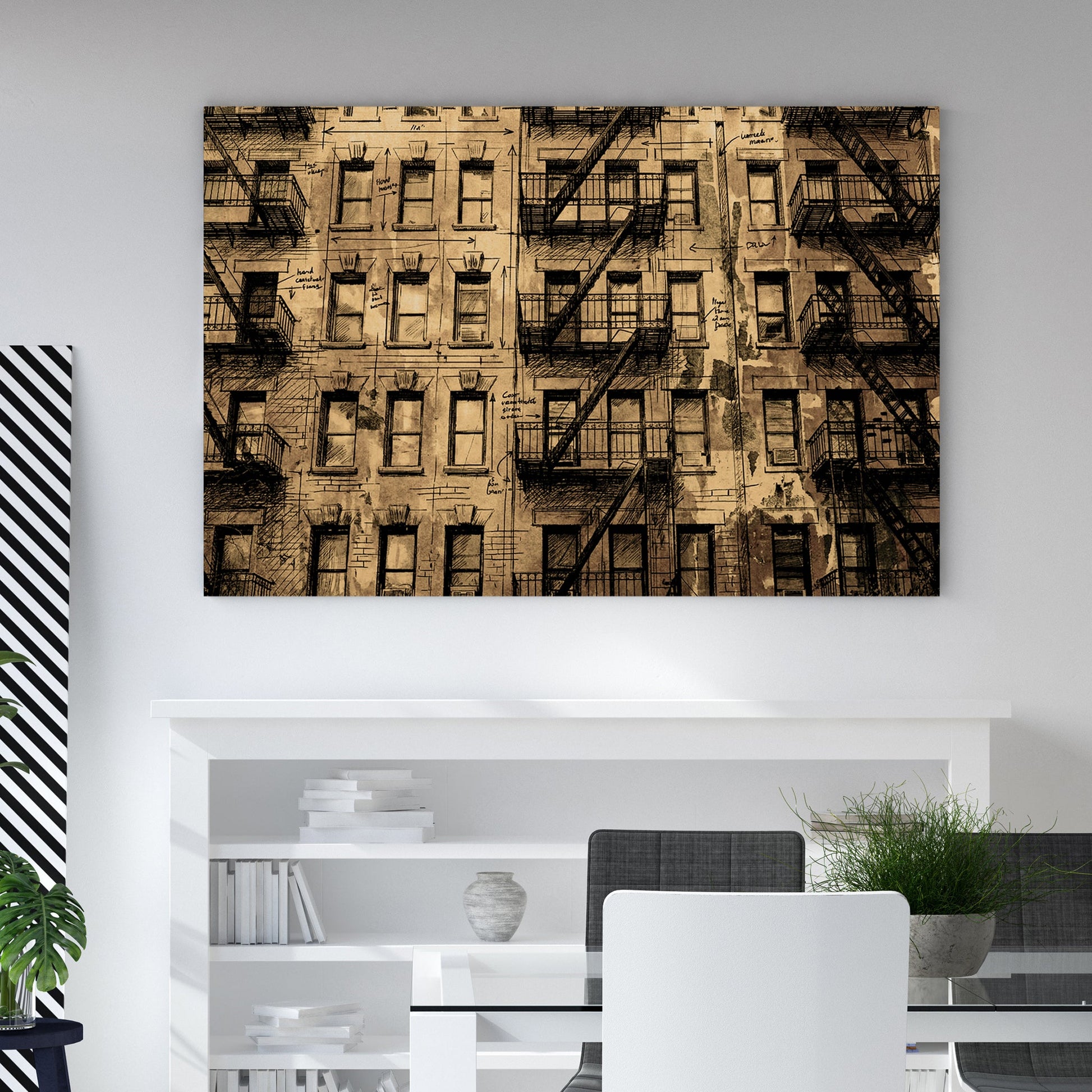 Vintage New York City tenement building illustration with fire escapes wall art.