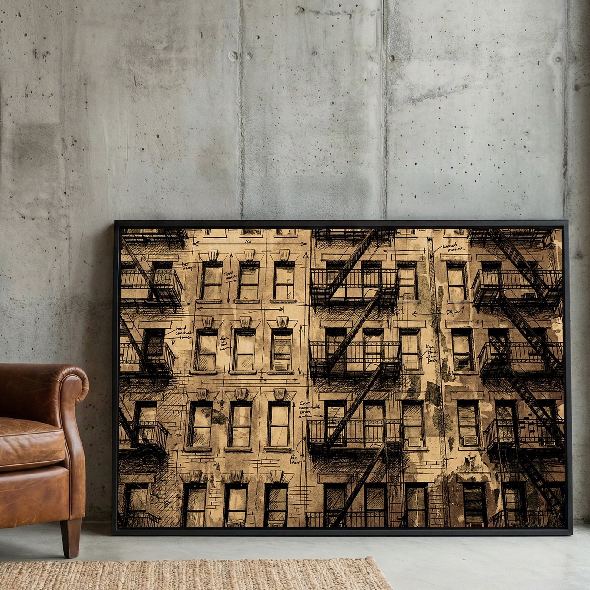 Vintage New York City tenement building illustration with fire escapes wall art.