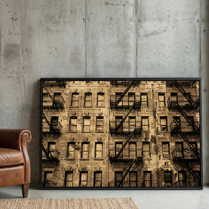 Vintage New York City tenement building illustration with fire escapes wall art.