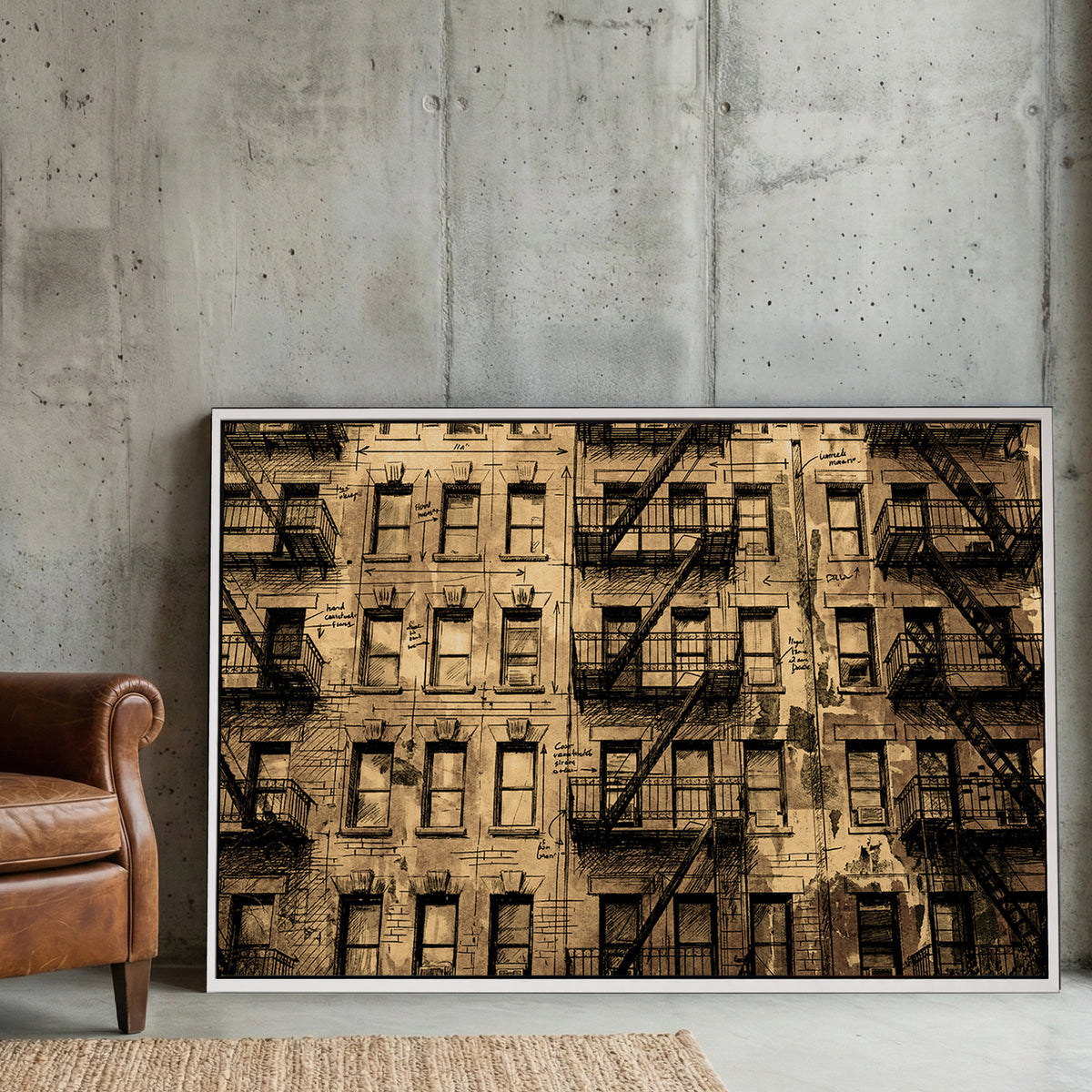 Vintage New York City tenement building illustration with fire escapes wall art.