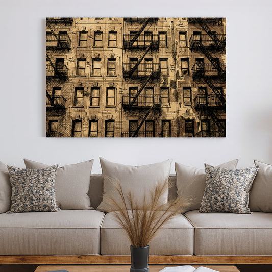 Vintage New York City tenement building illustration with fire escapes wall art.