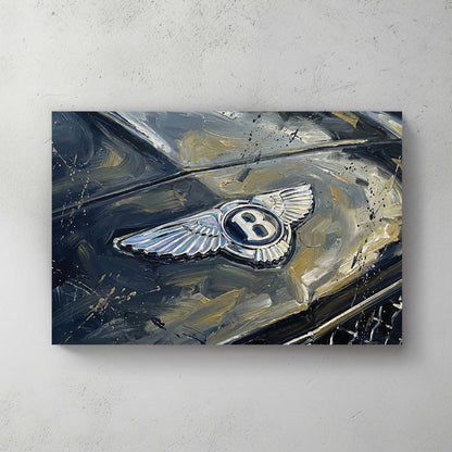 Close up of a silver Bentley winged badge on a dark car bonnet wall art.