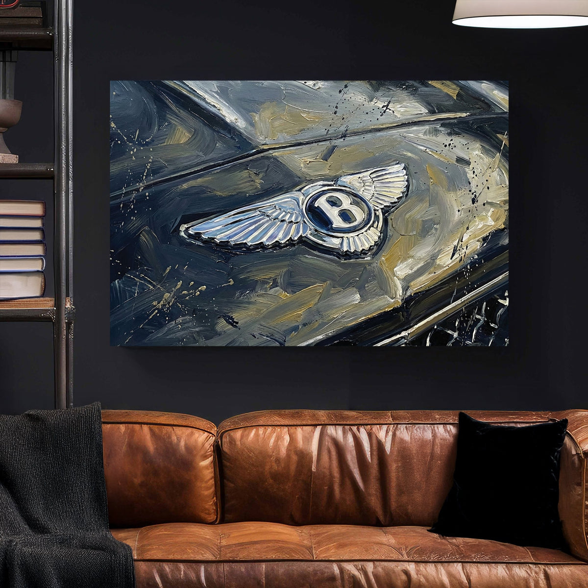Close up of a silver Bentley winged badge on a dark car bonnet wall art.