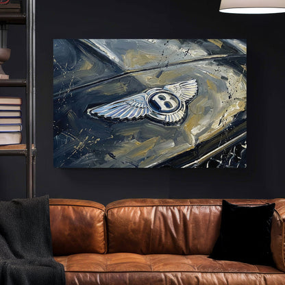 Close up of a silver Bentley winged badge on a dark car bonnet wall art.