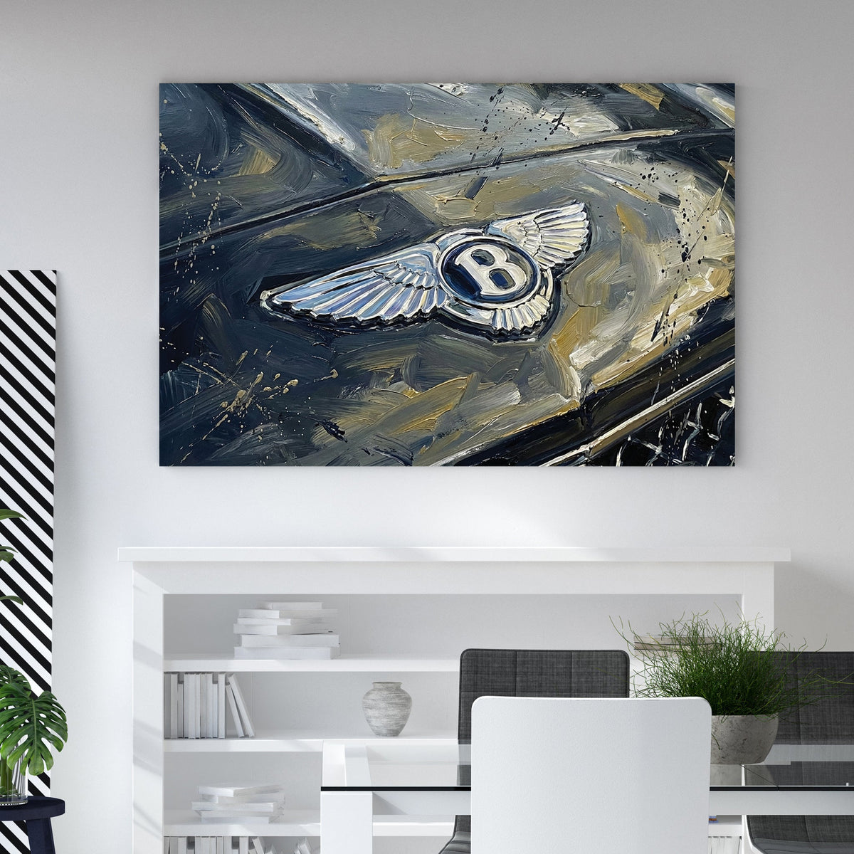 Close up of a silver Bentley winged badge on a dark car bonnet wall art.