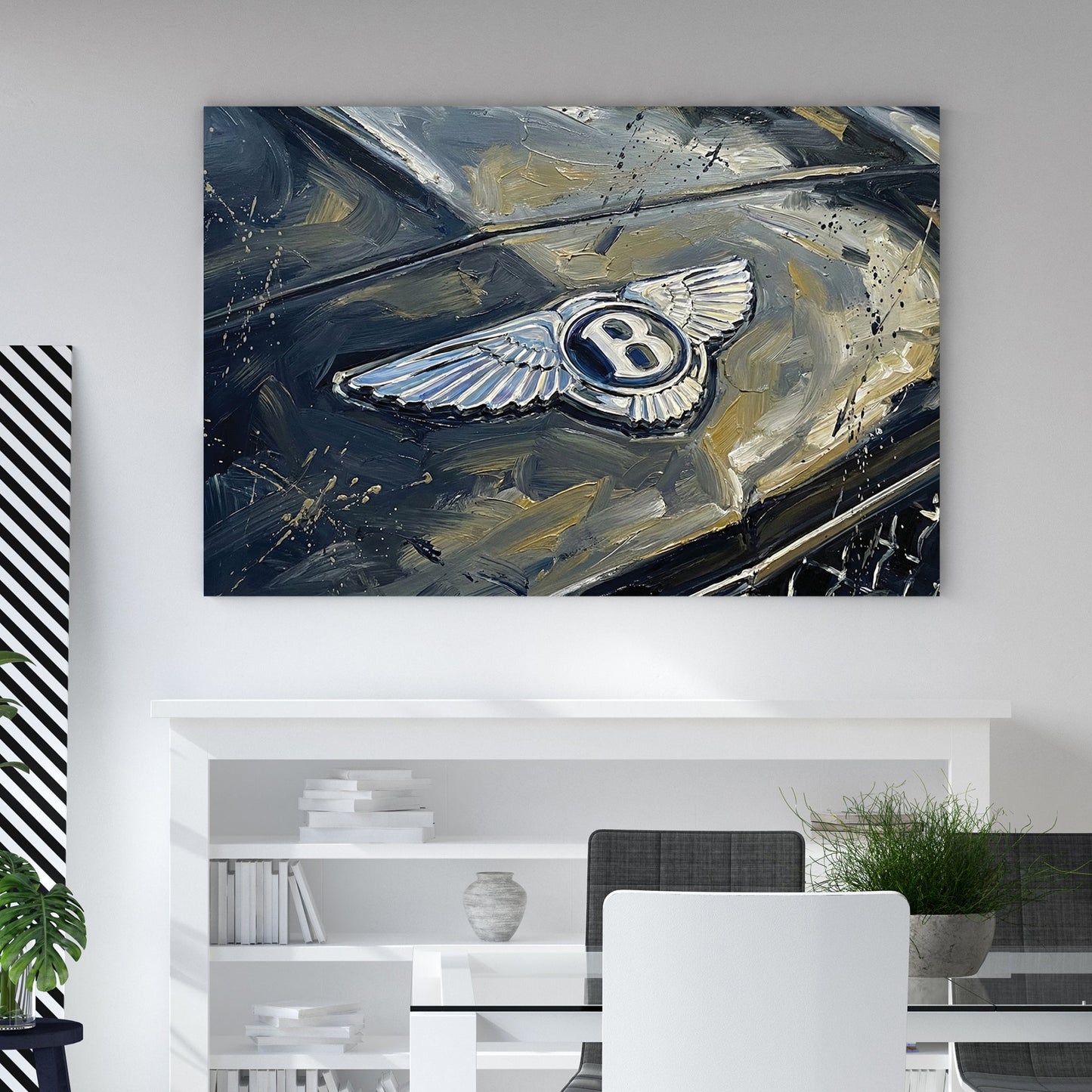 Close up of a silver Bentley winged badge on a dark car bonnet wall art.