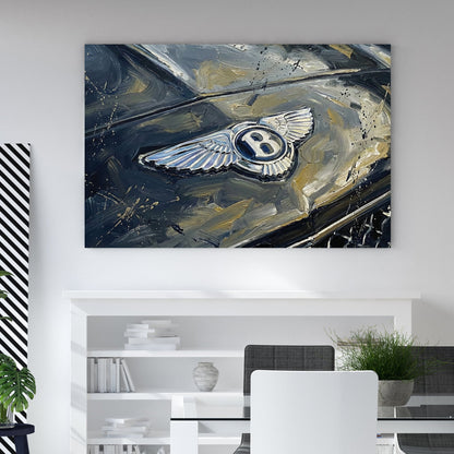 Close up of a silver Bentley winged badge on a dark car bonnet wall art.
