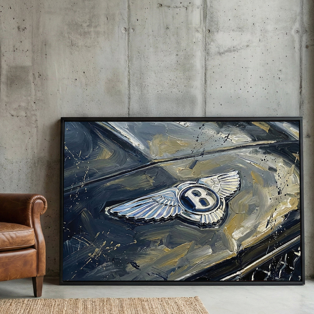 Close up of a silver Bentley winged badge on a dark car bonnet wall art.