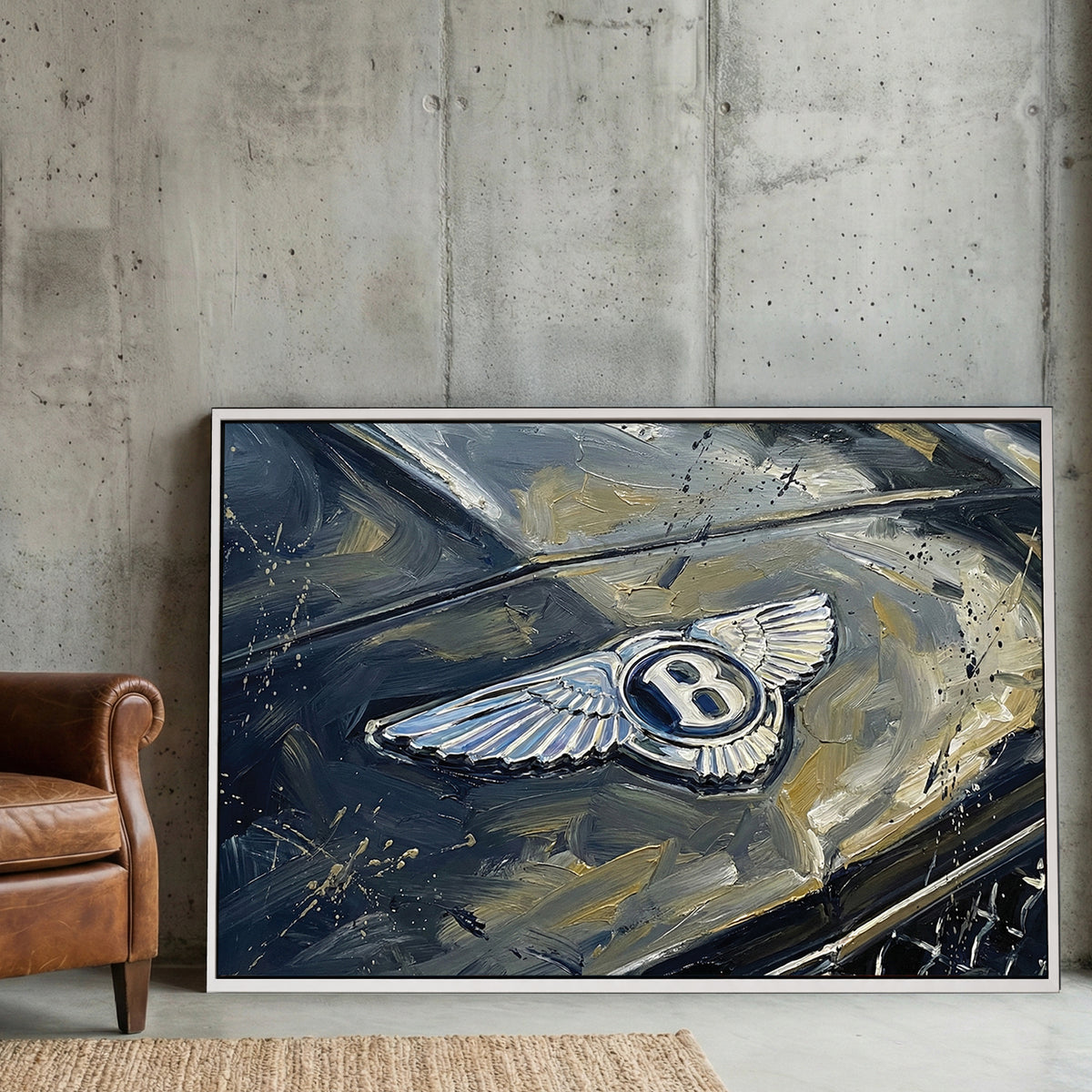 Close up of a silver Bentley winged badge on a dark car bonnet wall art.