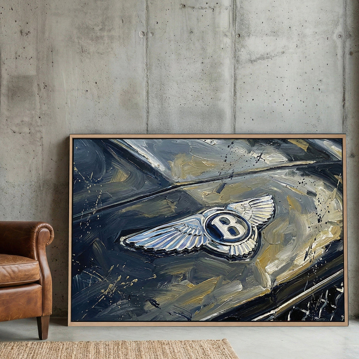 Close up of a silver Bentley winged badge on a dark car bonnet wall art.