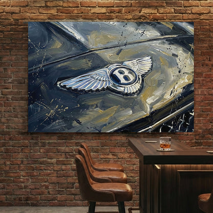 Close up of a silver Bentley winged badge on a dark car bonnet wall art.
