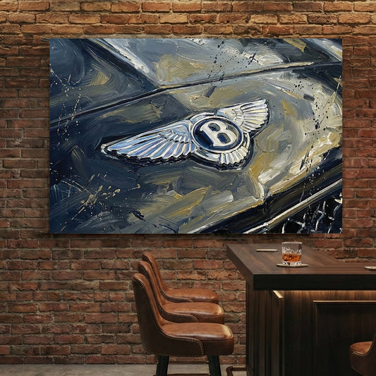Close up of a silver Bentley winged badge on a dark car bonnet wall art.