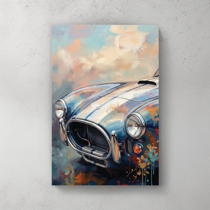 Shelby Cobra wall art with pastel impressionist paint effects and classic racing stripes.