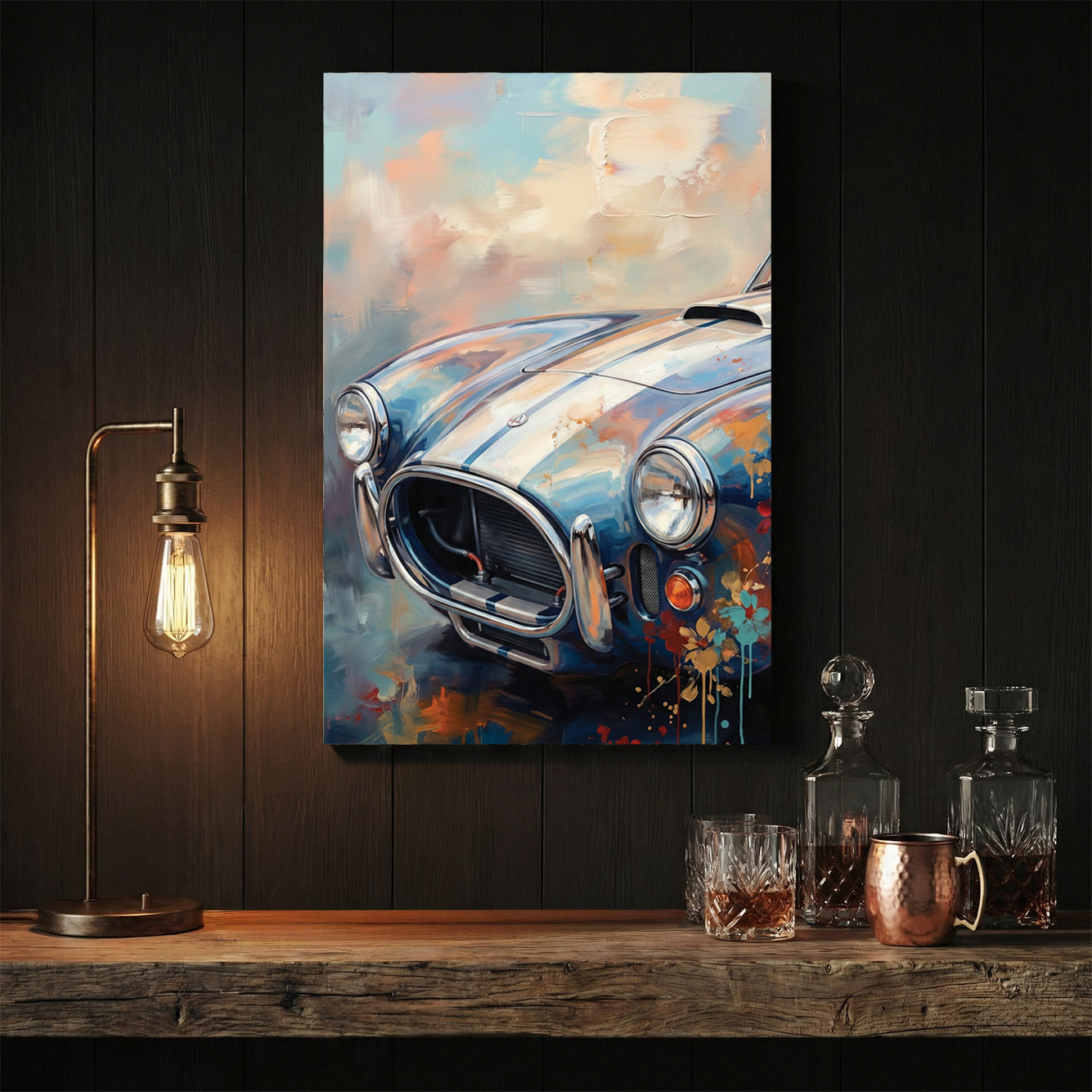 Shelby Cobra wall art with pastel impressionist paint effects and classic racing stripes.