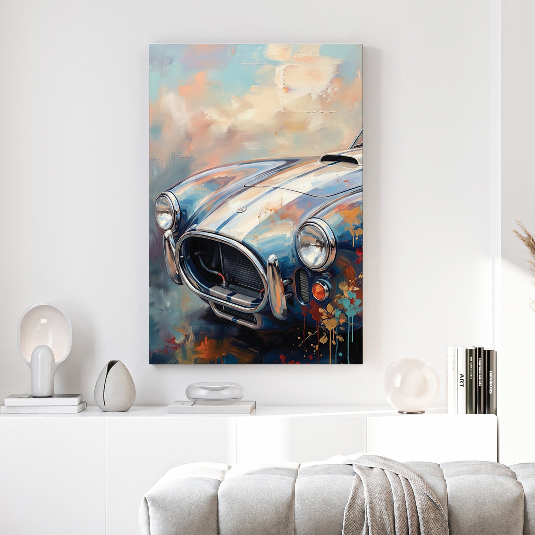 Shelby Cobra wall art with pastel impressionist paint effects and classic racing stripes.