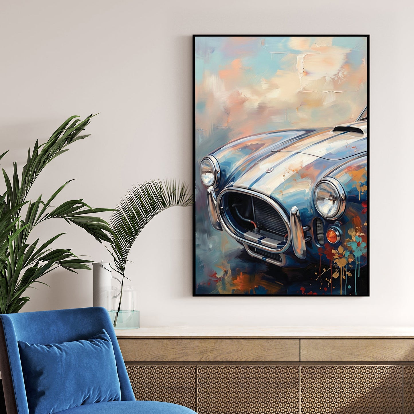 Shelby Cobra wall art with pastel impressionist paint effects and classic racing stripes.