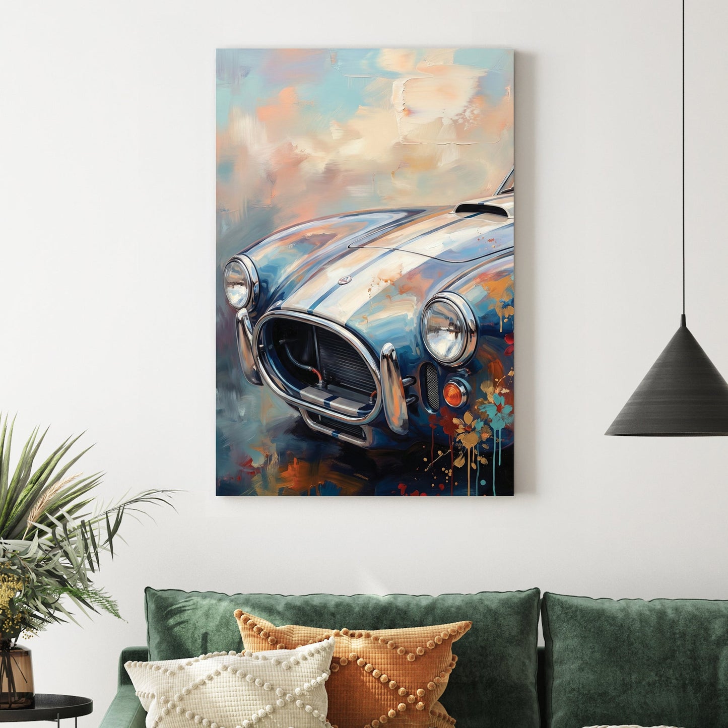 Shelby Cobra wall art with pastel impressionist paint effects and classic racing stripes.