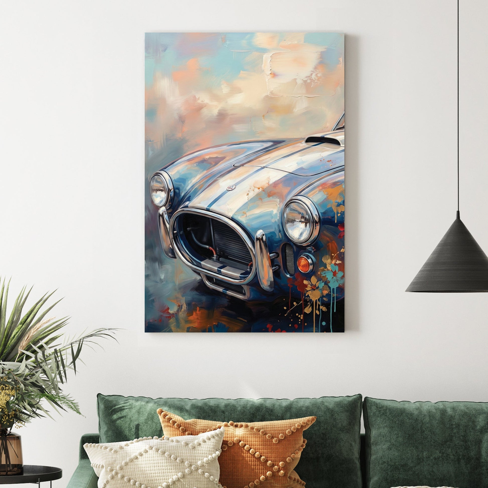 Shelby Cobra wall art with pastel impressionist paint effects and classic racing stripes.