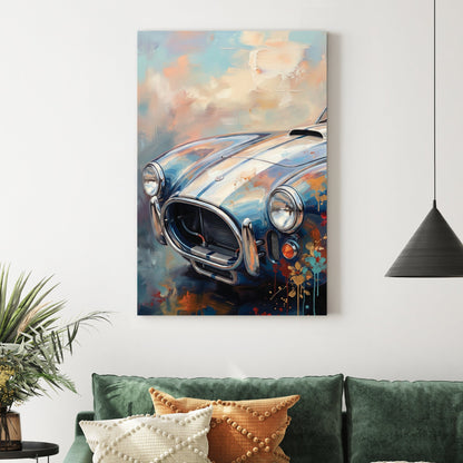 Shelby Cobra wall art with pastel impressionist paint effects and classic racing stripes.