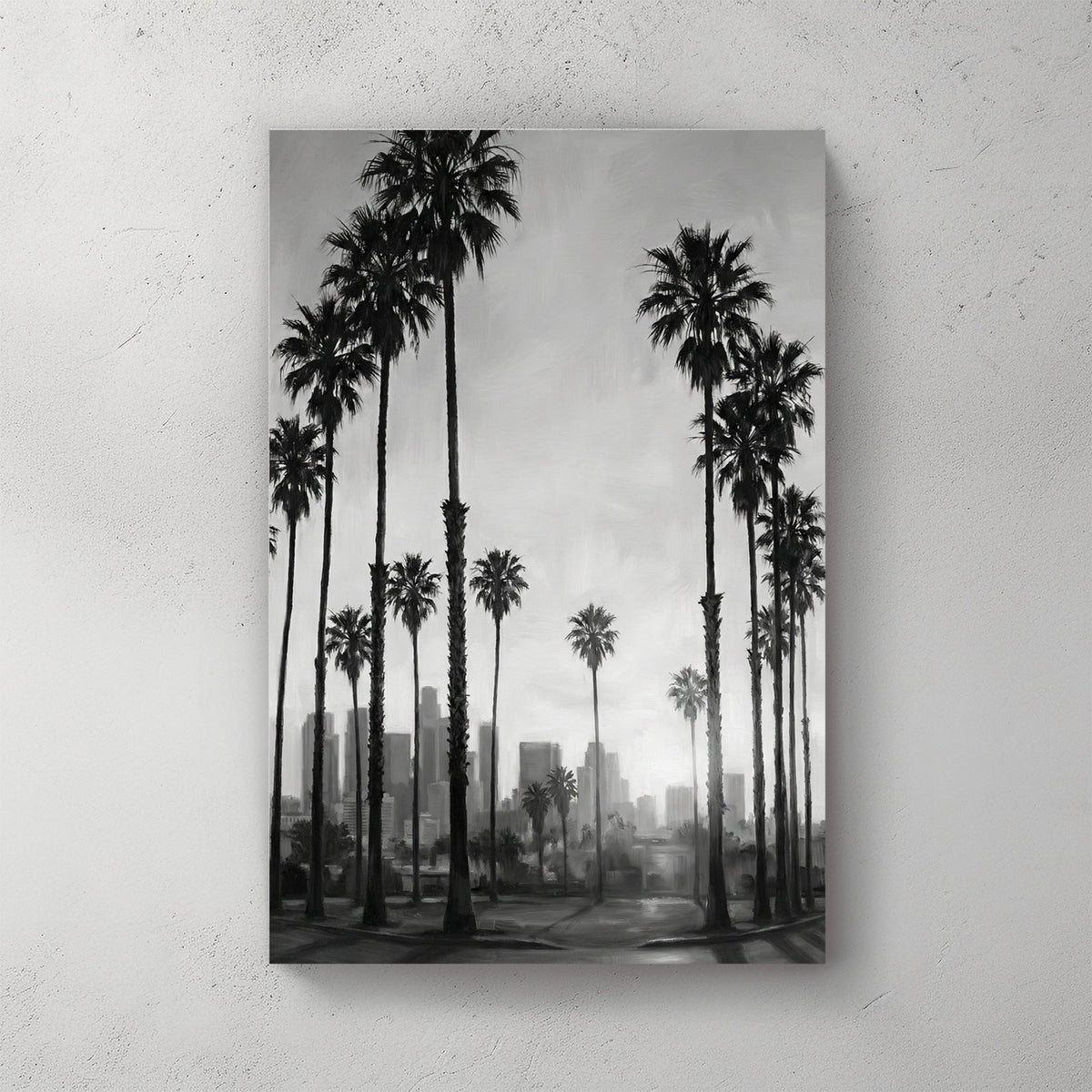 Black and white Los Angeles skyline wall art with tall palm trees and city buildings.