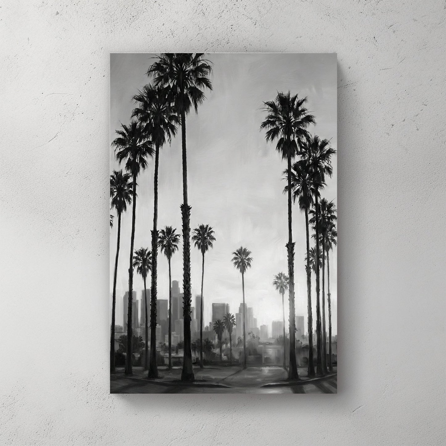 Black and white Los Angeles skyline wall art with tall palm trees and city buildings.