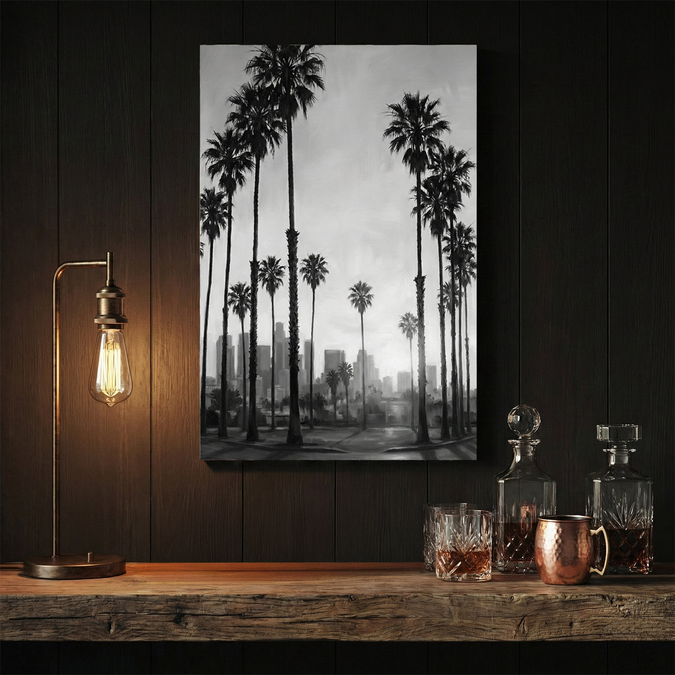 Black and white Los Angeles skyline wall art with tall palm trees and city buildings.