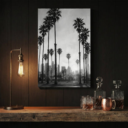 Black and white Los Angeles skyline wall art with tall palm trees and city buildings.