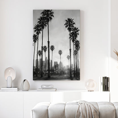 Black and white Los Angeles skyline wall art with tall palm trees and city buildings.