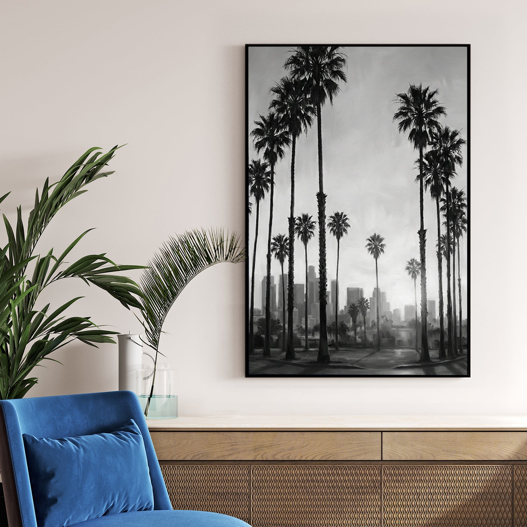 Black and white Los Angeles skyline wall art with tall palm trees and city buildings.