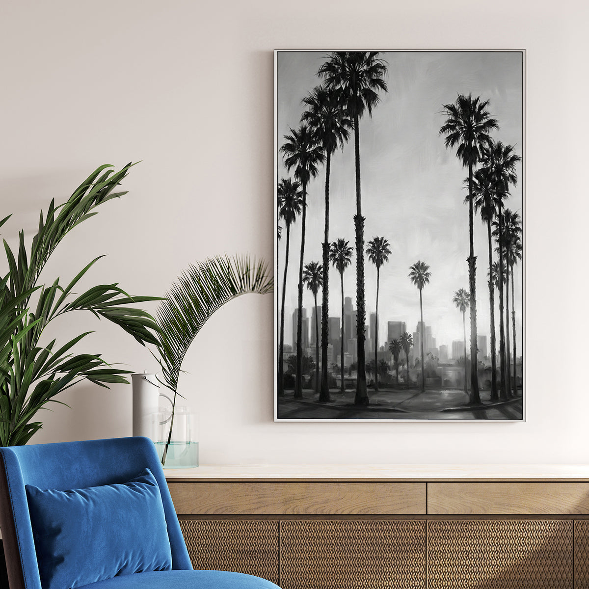 Black and white Los Angeles skyline wall art with tall palm trees and city buildings.