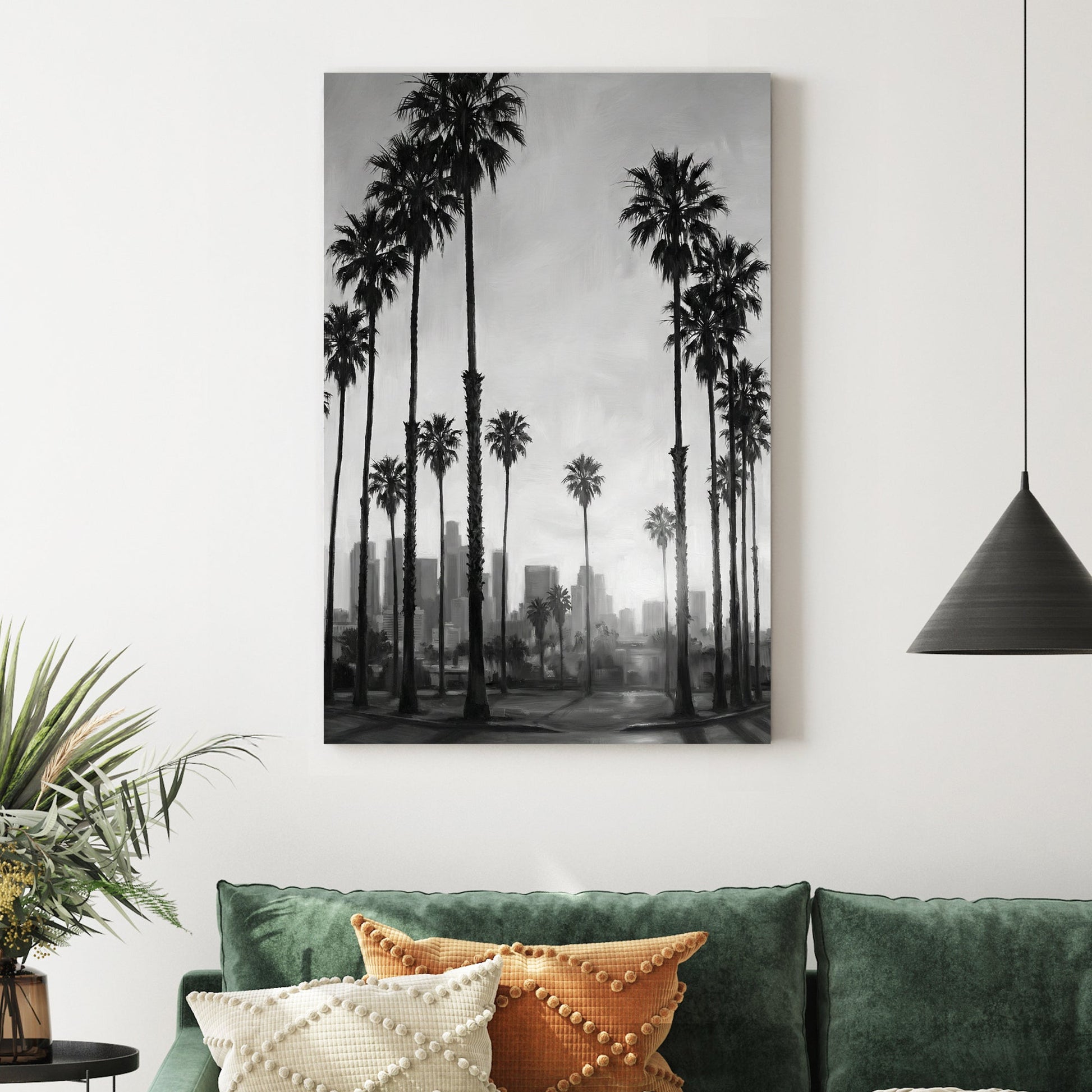 Black and white Los Angeles skyline wall art with tall palm trees and city buildings.