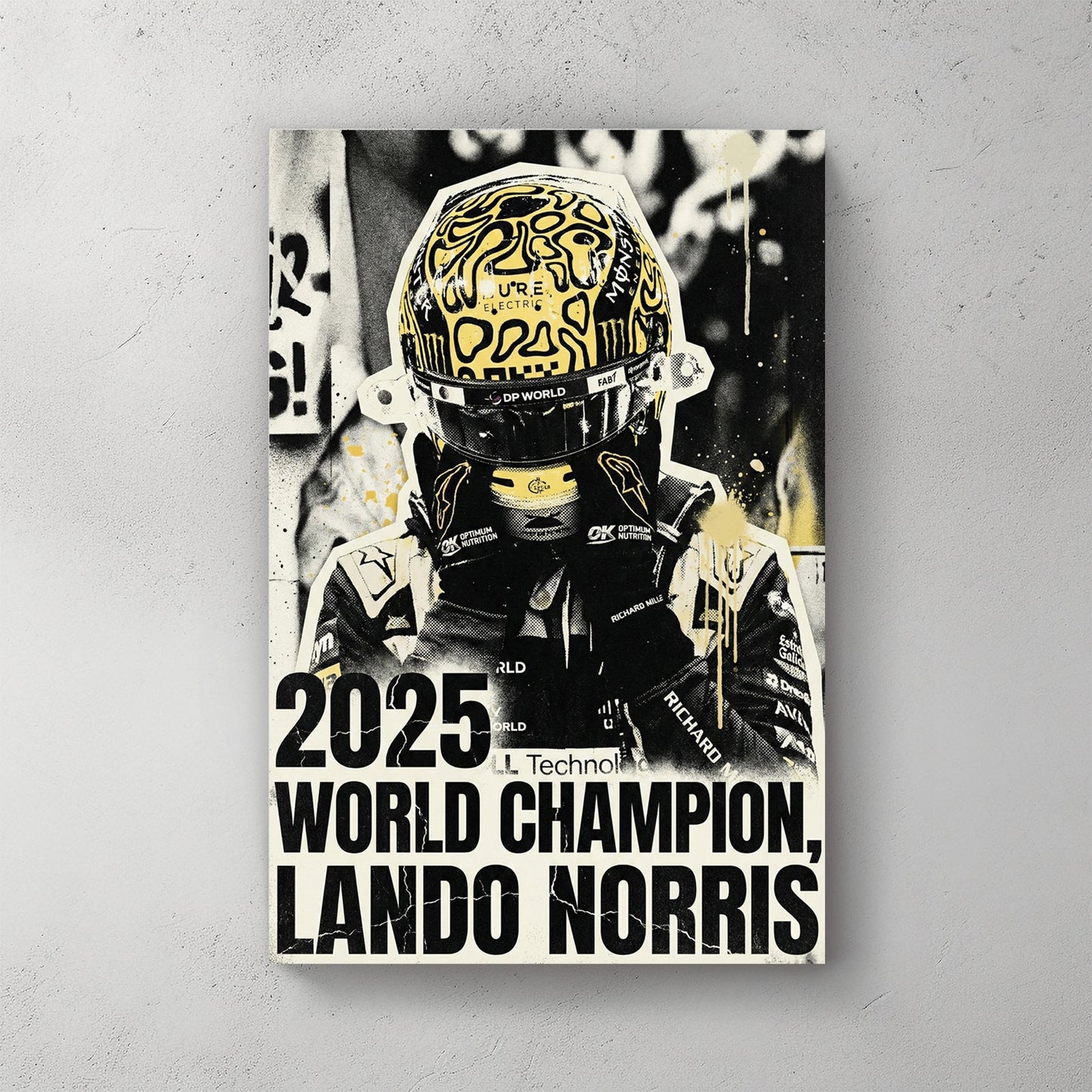 Lando Norris F1 driver in signature yellow helmet street art wall art.