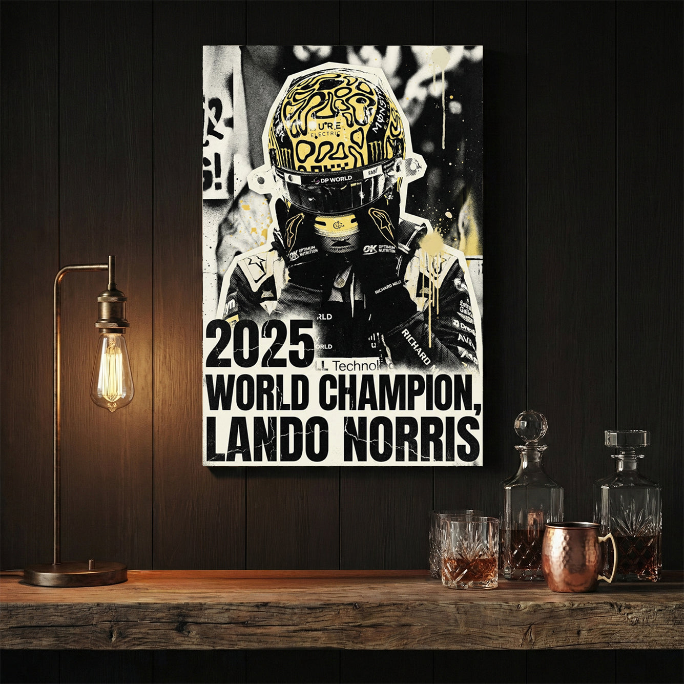 Lando Norris F1 driver in signature yellow helmet street art wall art.