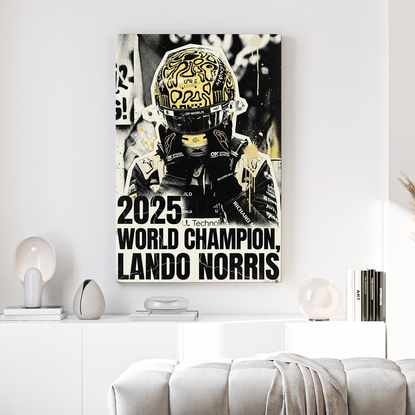 Lando Norris F1 driver in signature yellow helmet street art wall art.