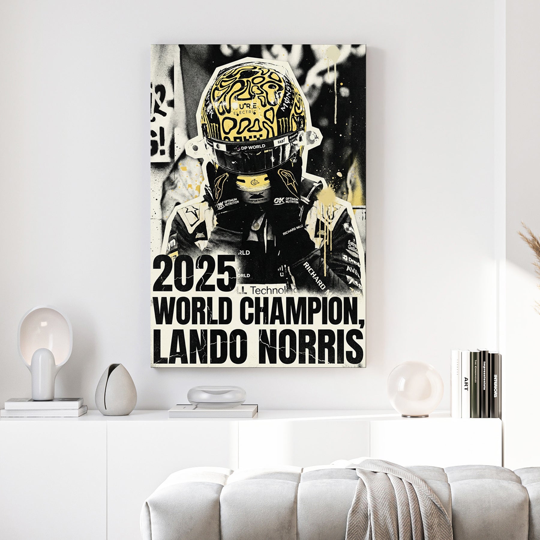 Lando Norris F1 driver in signature yellow helmet street art wall art.