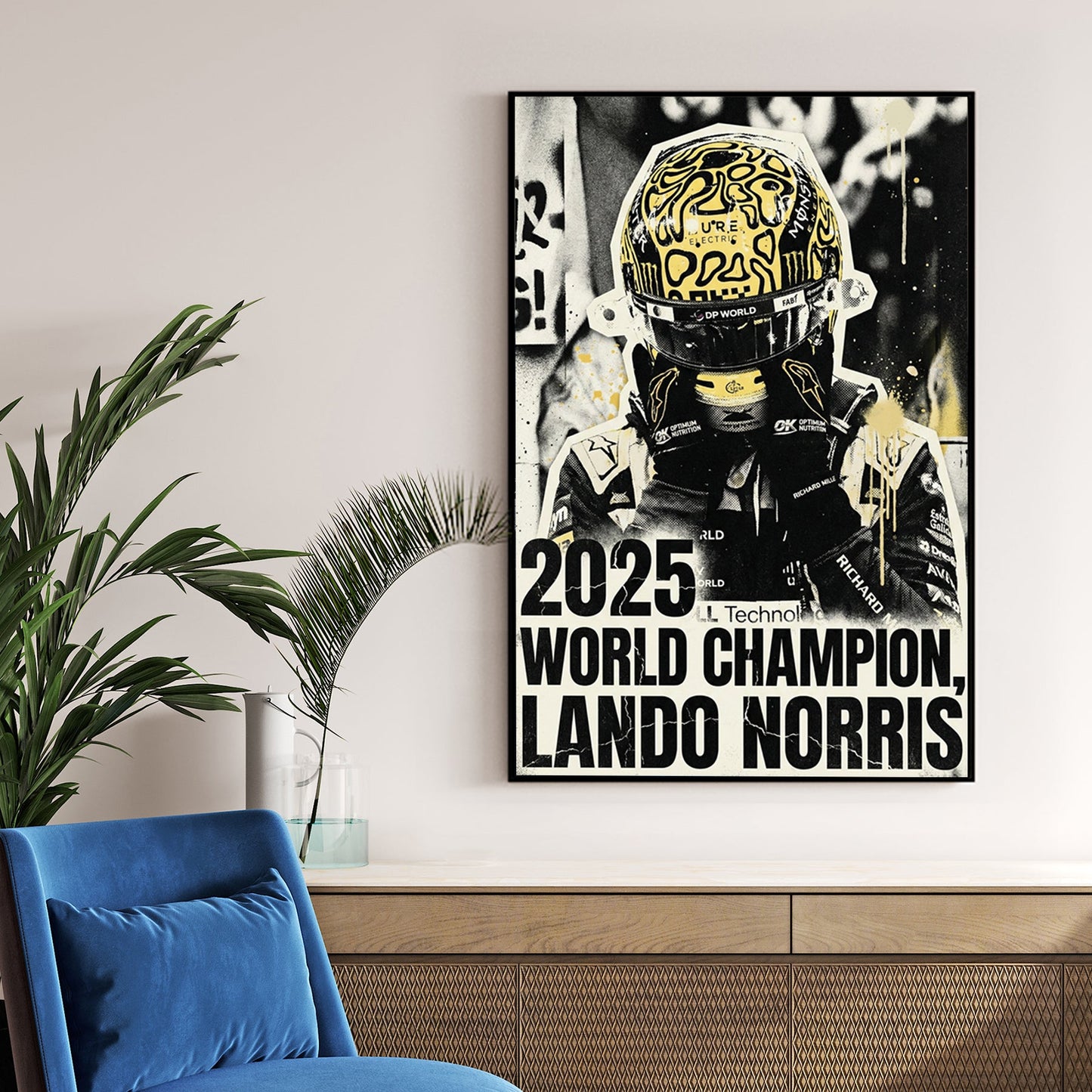 Lando Norris F1 driver in signature yellow helmet street art wall art.