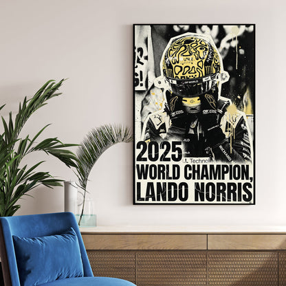 Lando Norris F1 driver in signature yellow helmet street art wall art.