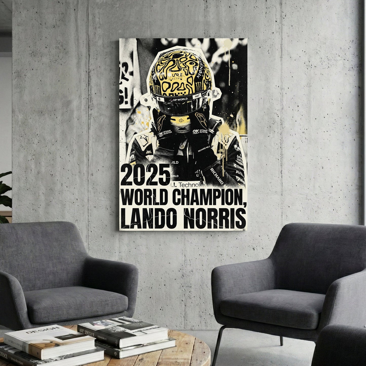 Lando Norris F1 driver in signature yellow helmet street art wall art.