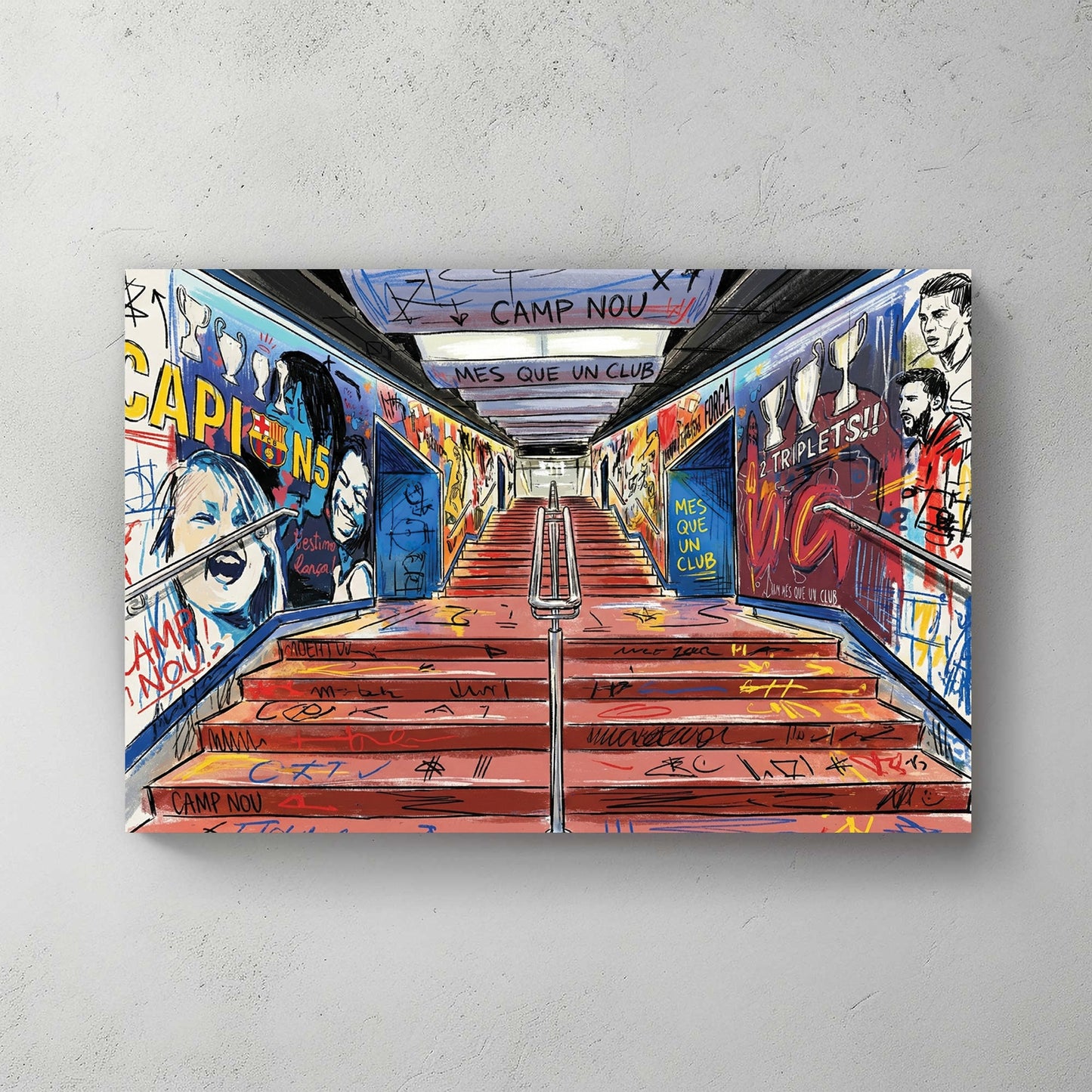 Camp Nou wall art with FC Barcelona graffiti, Lionel Messi sketches, and stadium tunnel visuals.