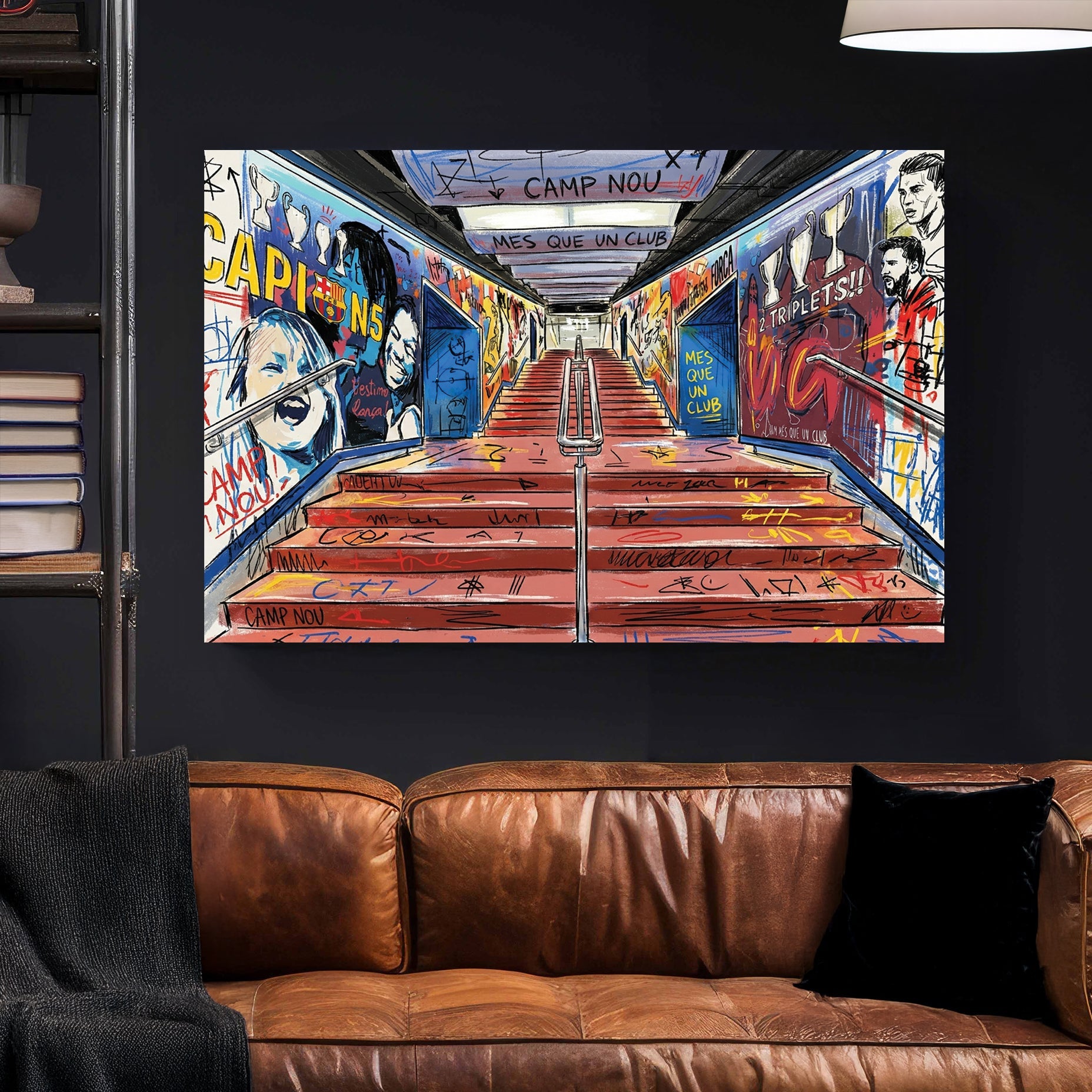 Camp Nou wall art with FC Barcelona graffiti, Lionel Messi sketches, and stadium tunnel visuals.
