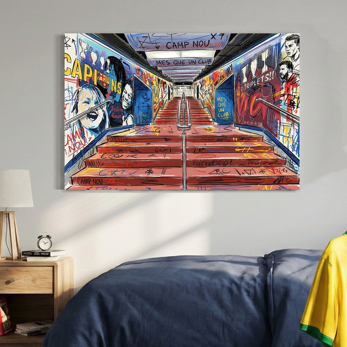 Camp Nou wall art with FC Barcelona graffiti, Lionel Messi sketches, and stadium tunnel visuals.