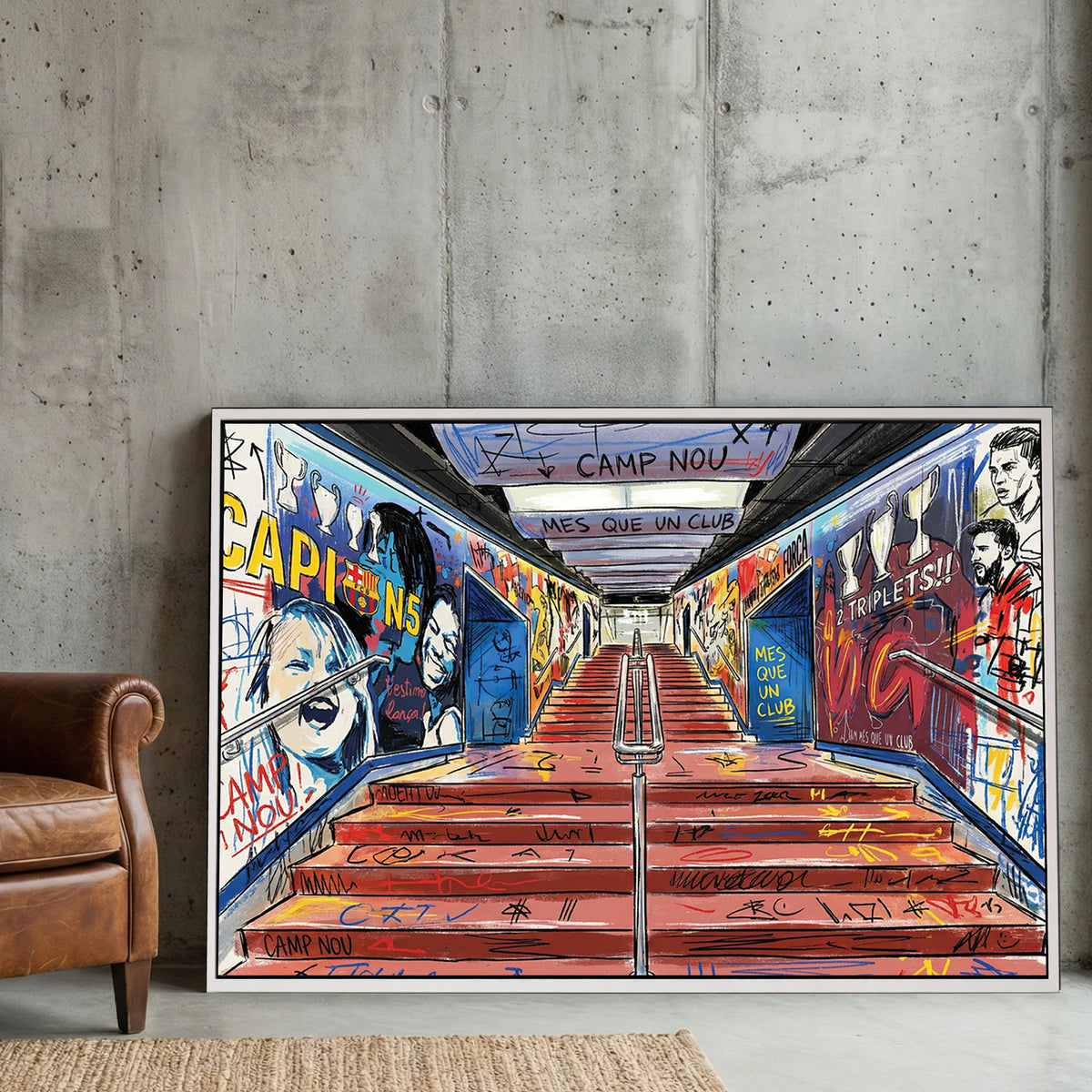 Camp Nou wall art with FC Barcelona graffiti, Lionel Messi sketches, and stadium tunnel visuals.