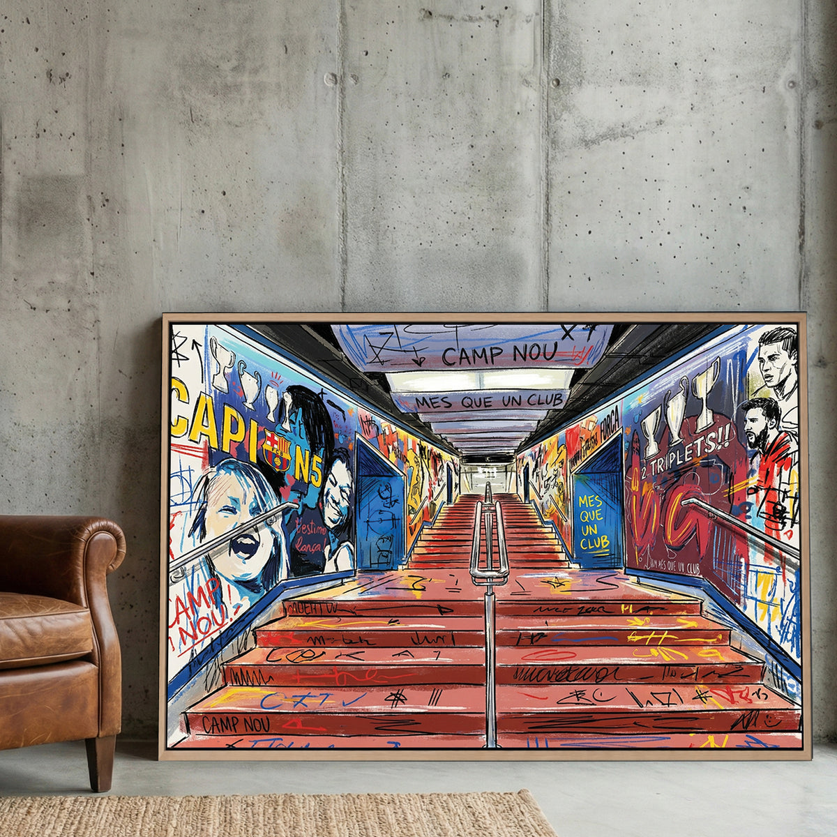 Camp Nou wall art with FC Barcelona graffiti, Lionel Messi sketches, and stadium tunnel visuals.