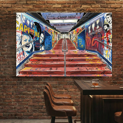 Camp Nou wall art with FC Barcelona graffiti, Lionel Messi sketches, and stadium tunnel visuals.