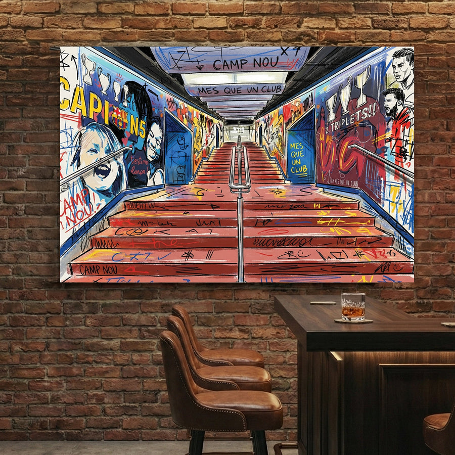 Camp Nou wall art with FC Barcelona graffiti, Lionel Messi sketches, and stadium tunnel visuals.