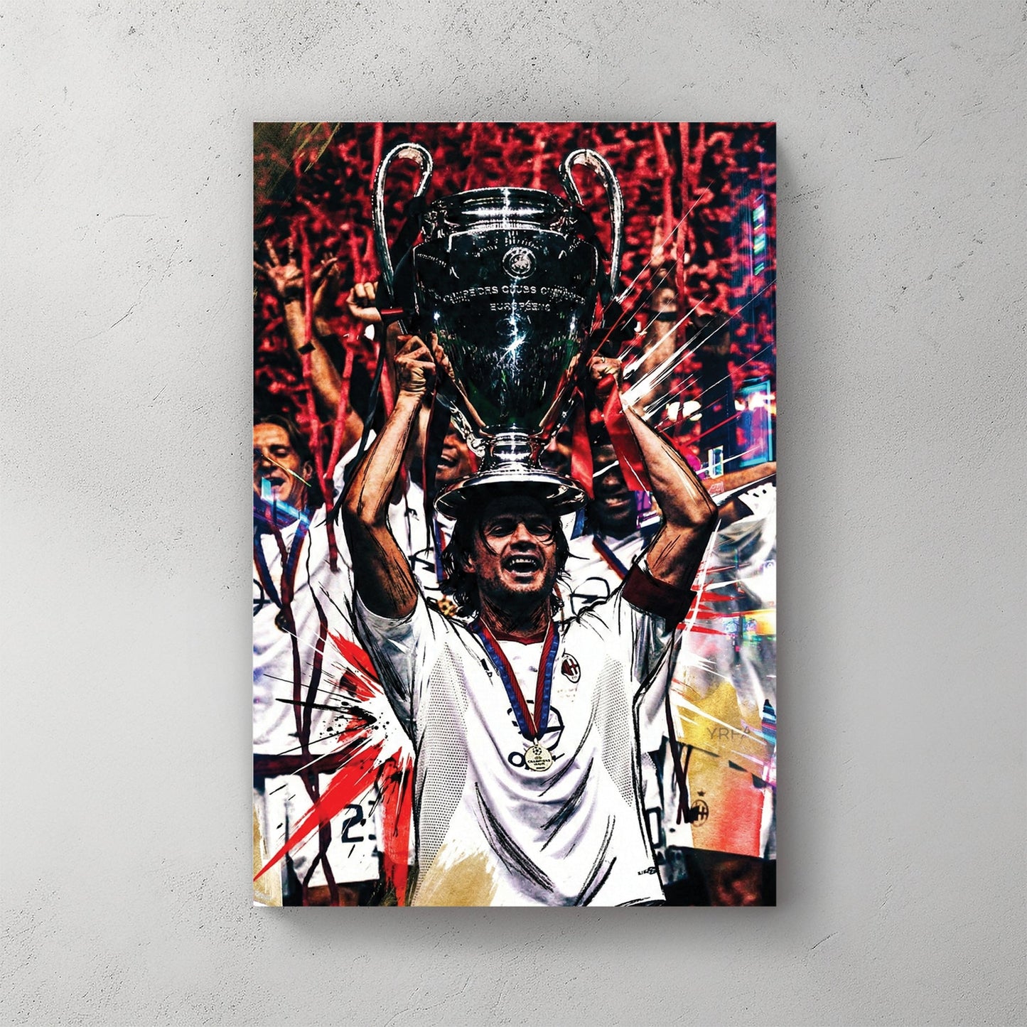 Paolo Maldini lifting the Champions League trophy in an urban street art style wall art.