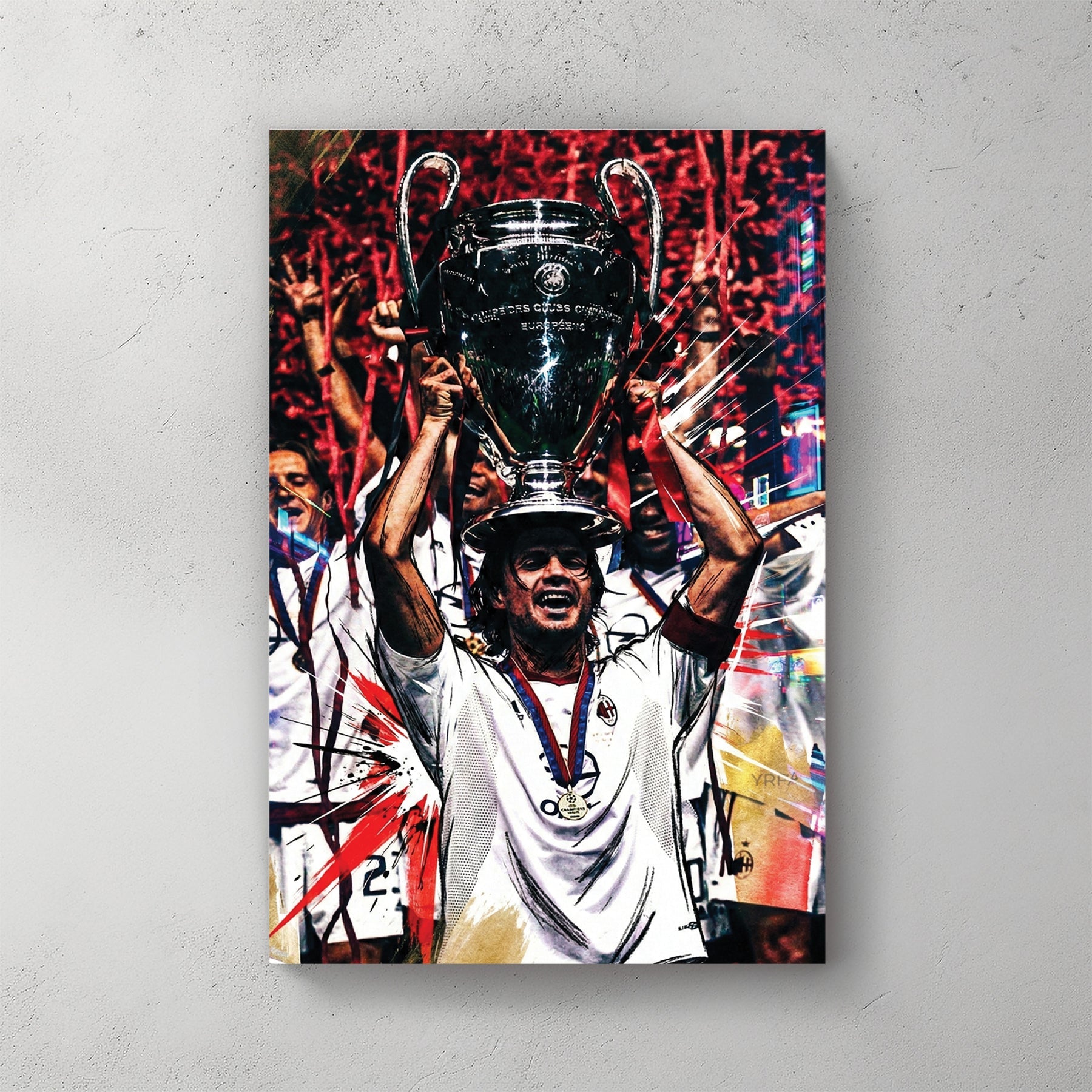 Paolo Maldini lifting the Champions League trophy in an urban street art style wall art.