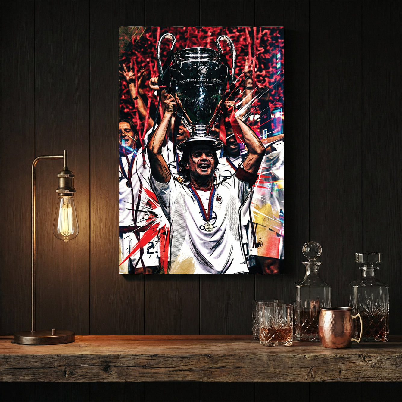 Paolo Maldini lifting the Champions League trophy in an urban street art style wall art.
